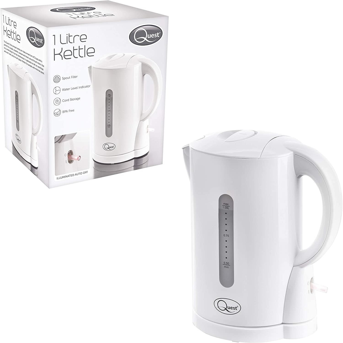 Quest 1L Cordless Jug Kettle with Overheat Protection & Cord Storage – Spout Filter, White