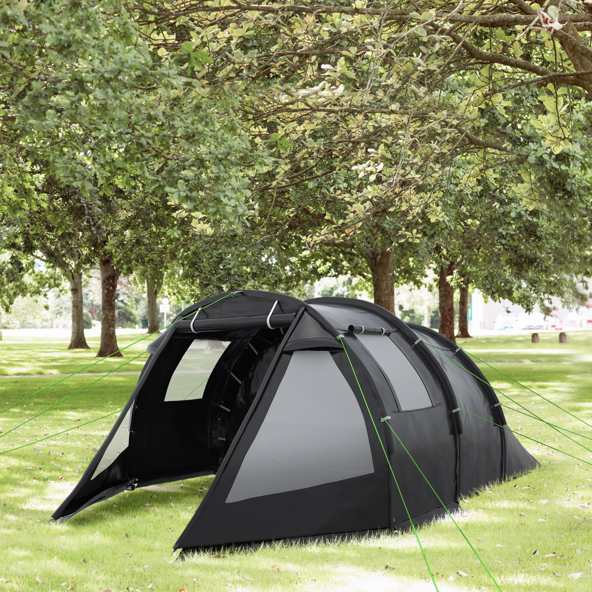 Outsunny 3-4 Person Tunnel Tent with Two Rooms, Windows & Carry Bag – Water-Resistant Family Camping Tent, Black