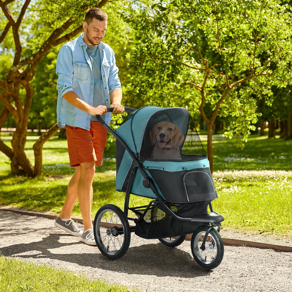 PawHut 3 Wheel Pet Stroller for Small & Medium Dogs with Canopy & Storage – Foldable Cat Pram, Green
