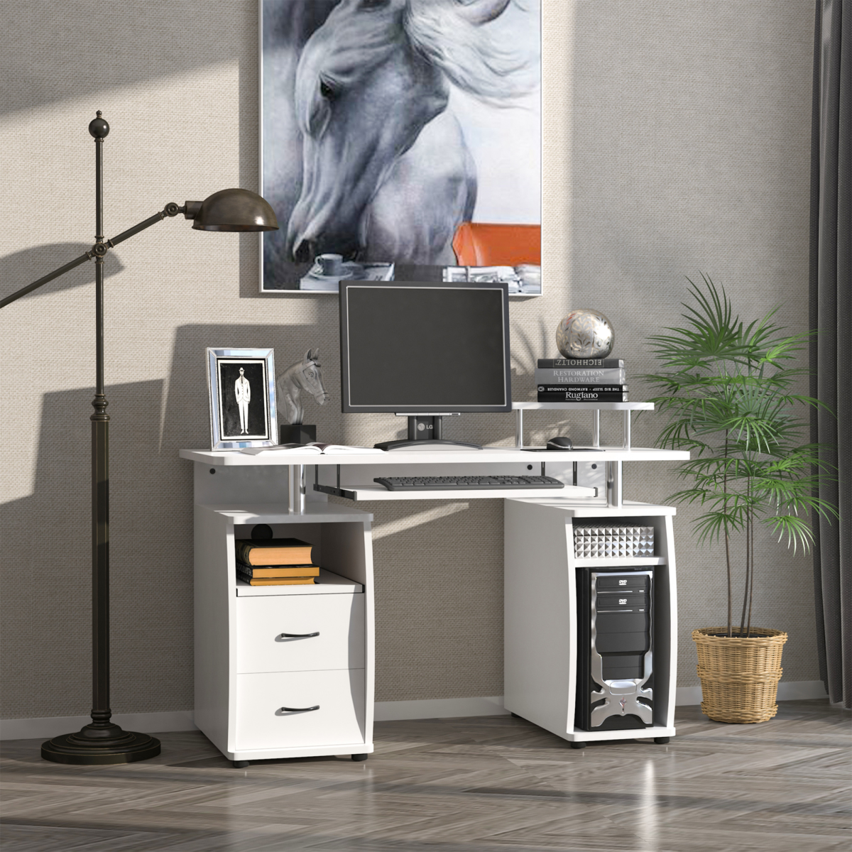 HOMCOM Computer Workstation with Keyboard Tray, Side Drawer, Monitor & Scanner Shelf – White Home Office Desk