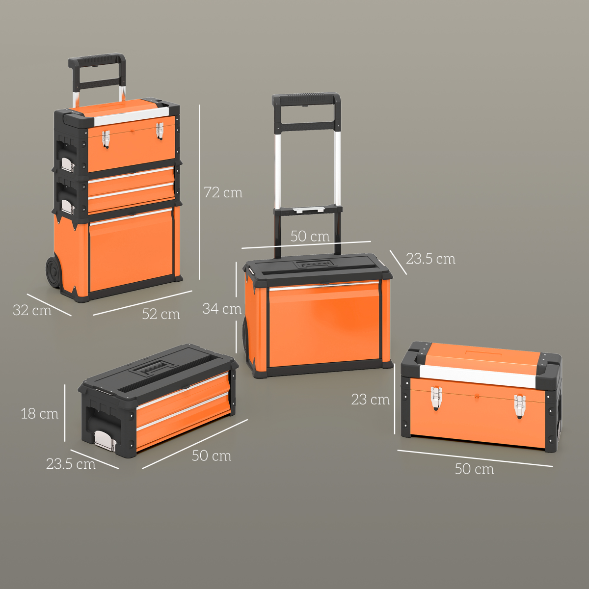 3-Tier Stackable Rolling Tool Box with Drawers, Tray & Telescopic Handle – Steel Tool Storage, Orange and Black