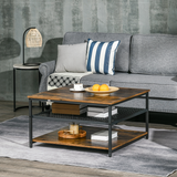 HOMCOM Industrial Coffee Table with 2 Storage Shelves – 3-Tier Living Room Cocktail Table, Rustic Brown