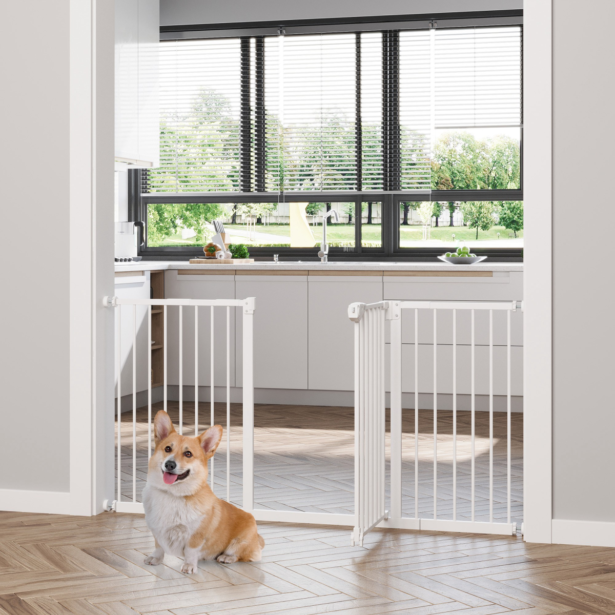 Pawhut Adjustable Metal Pet Safety Gate with 3 Extensions & Auto-Close Door – Double Lock, White