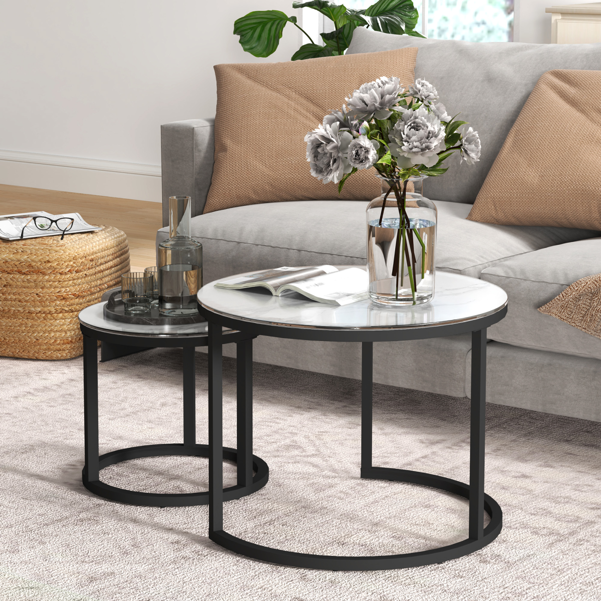 HOMCOM Glass Coffee Table Set of 2 with Marble-Effect Tempered Glass Tops – Round Nest of Tables, White, Black