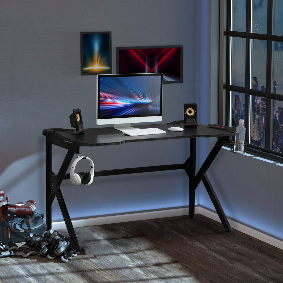 HOMCOM Gaming Desk with Steel K-Frame, Cup Holder, Headphone Hook and Cable Management – 120cm Racing PC Desk
