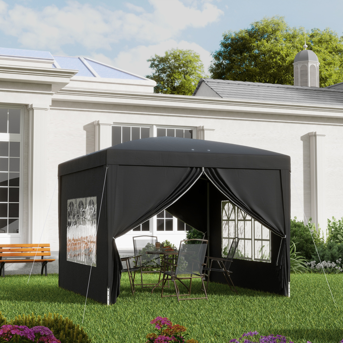 Outsunny 3 x 3m Pop Up Gazebo with Four Removable Walls & Carry Bag – Garden Party Tent Canopy, Black