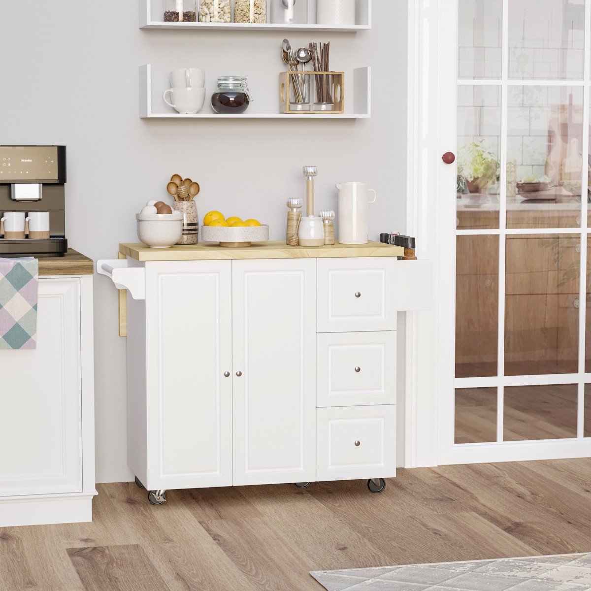Drop-Leaf Kitchen Island on Wheels with Drawers & Cabinet – Mobile Storage Cart & Serving Trolley