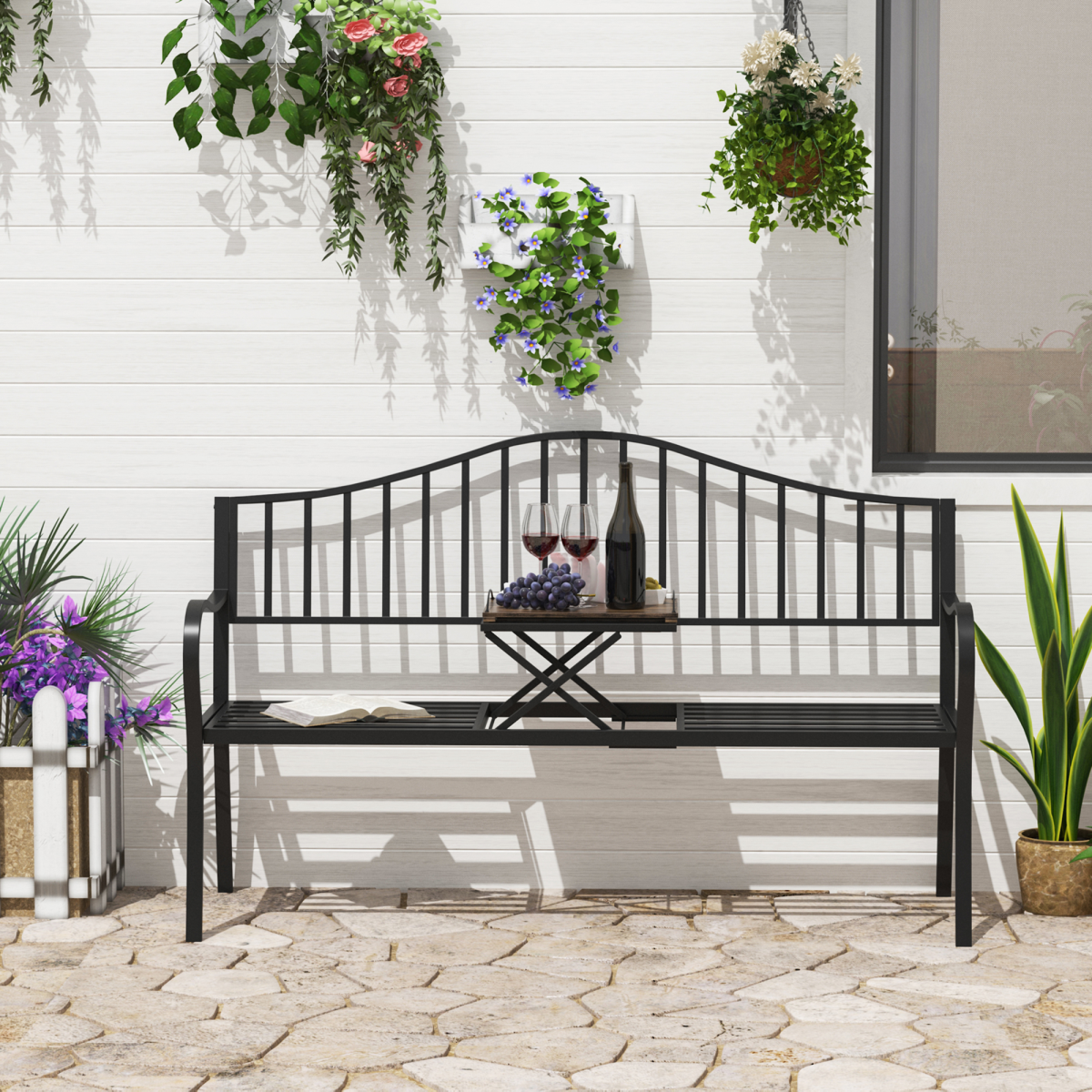 Outsunny Metal 2-Seater Garden Bench with Lift-Up Middle Table – Slatted Patio Seating for Park and Garden