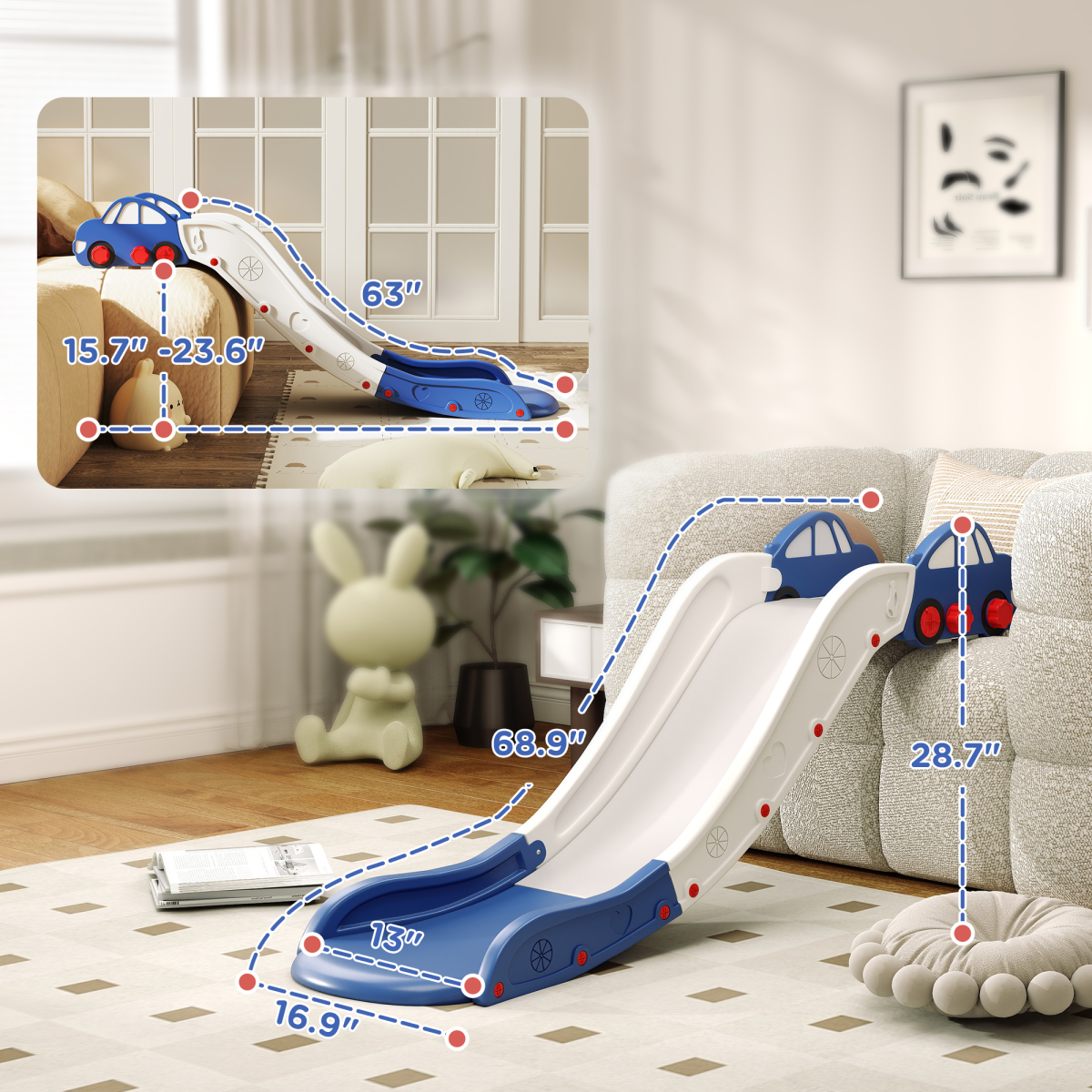 Kids Indoor Slide with Buffer Segment, HDPE Slide for Sofas & Beds – Ages 18-48 Months, Blue