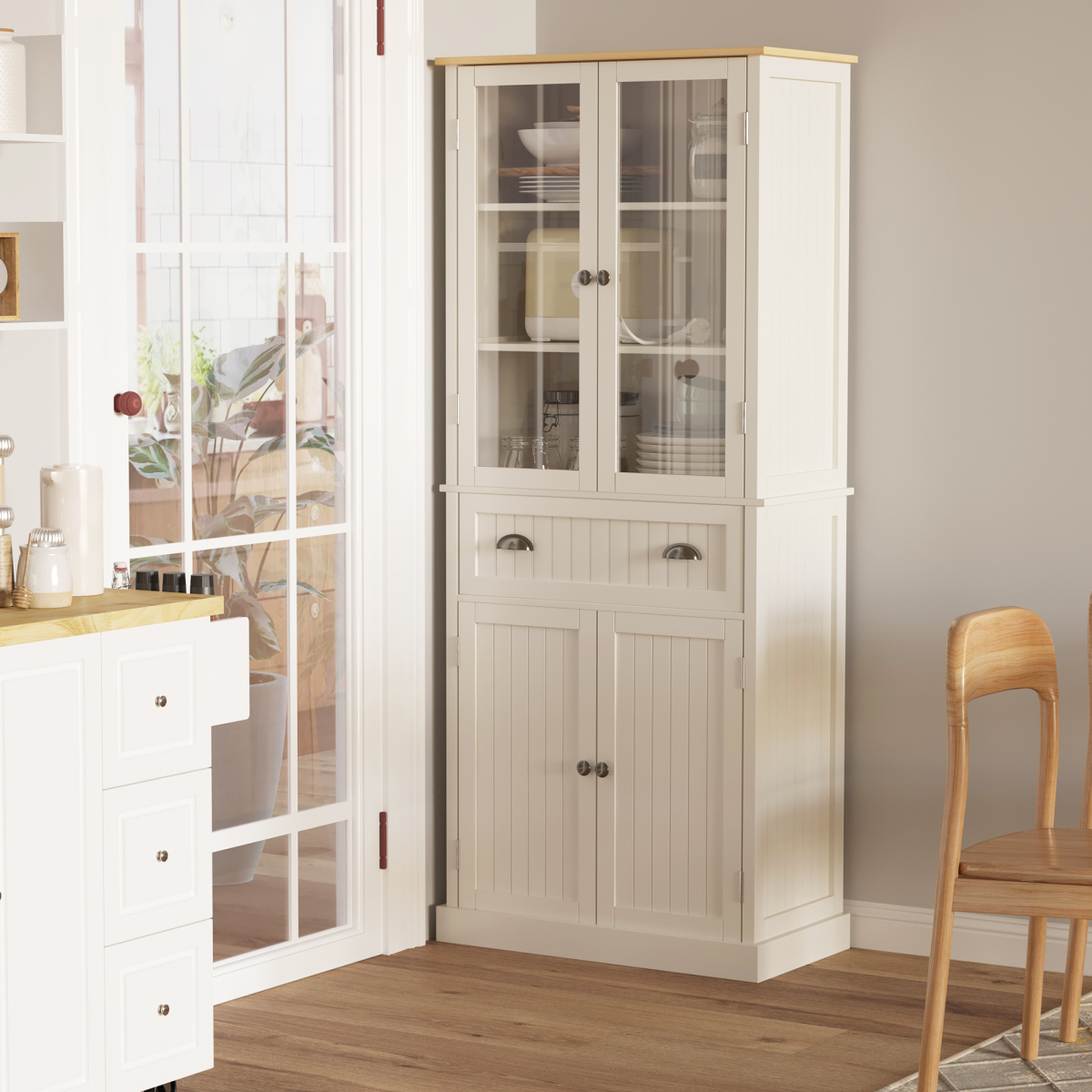 HOMCOM 5-Tier Kitchen Pantry Cupboard with Adjustable Shelves & Doors – Freestanding Storage, Cream