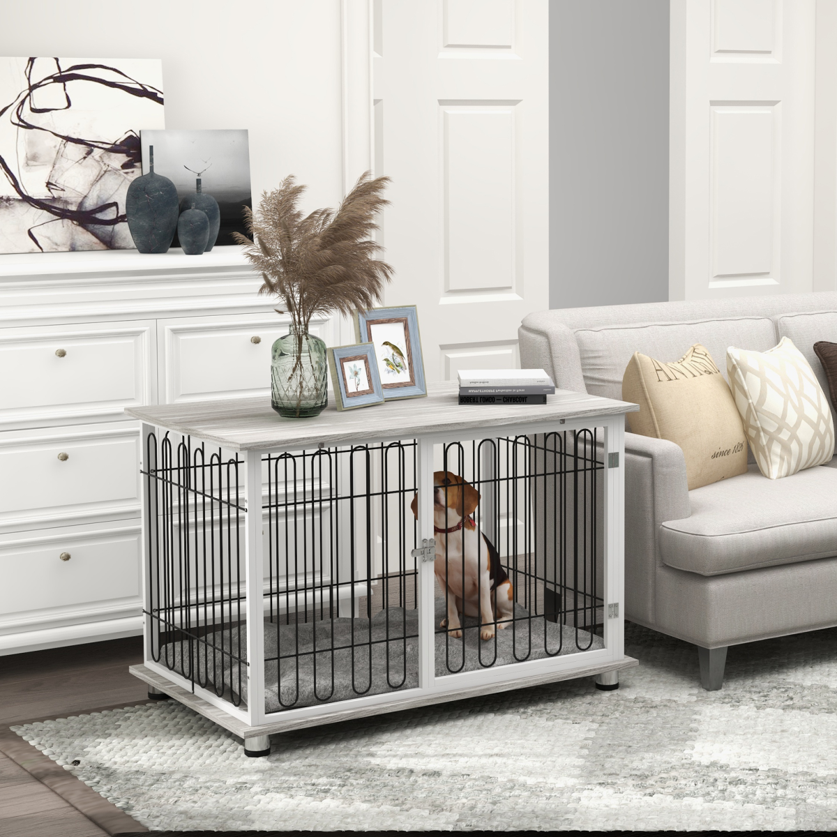 PawHut Dog Crate Furniture End Table with Soft Cushion & Lockable Door – Indoor Kennel for Dogs up to 35kg