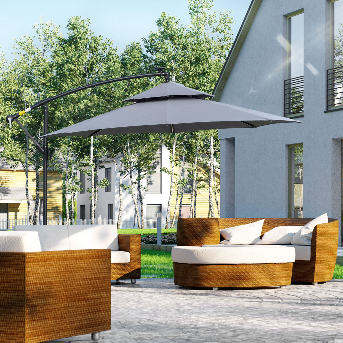 Outsunny 3m Cantilever Banana Parasol with Solar LED Lights, Crank Handle & Cross Base – Garden Shade, Grey