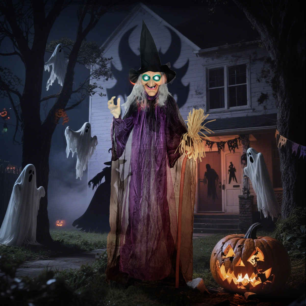 Outsunny Voice Activated Halloween Animatronic Standing Witch – 183 cm Life-Size Decoration, Purple