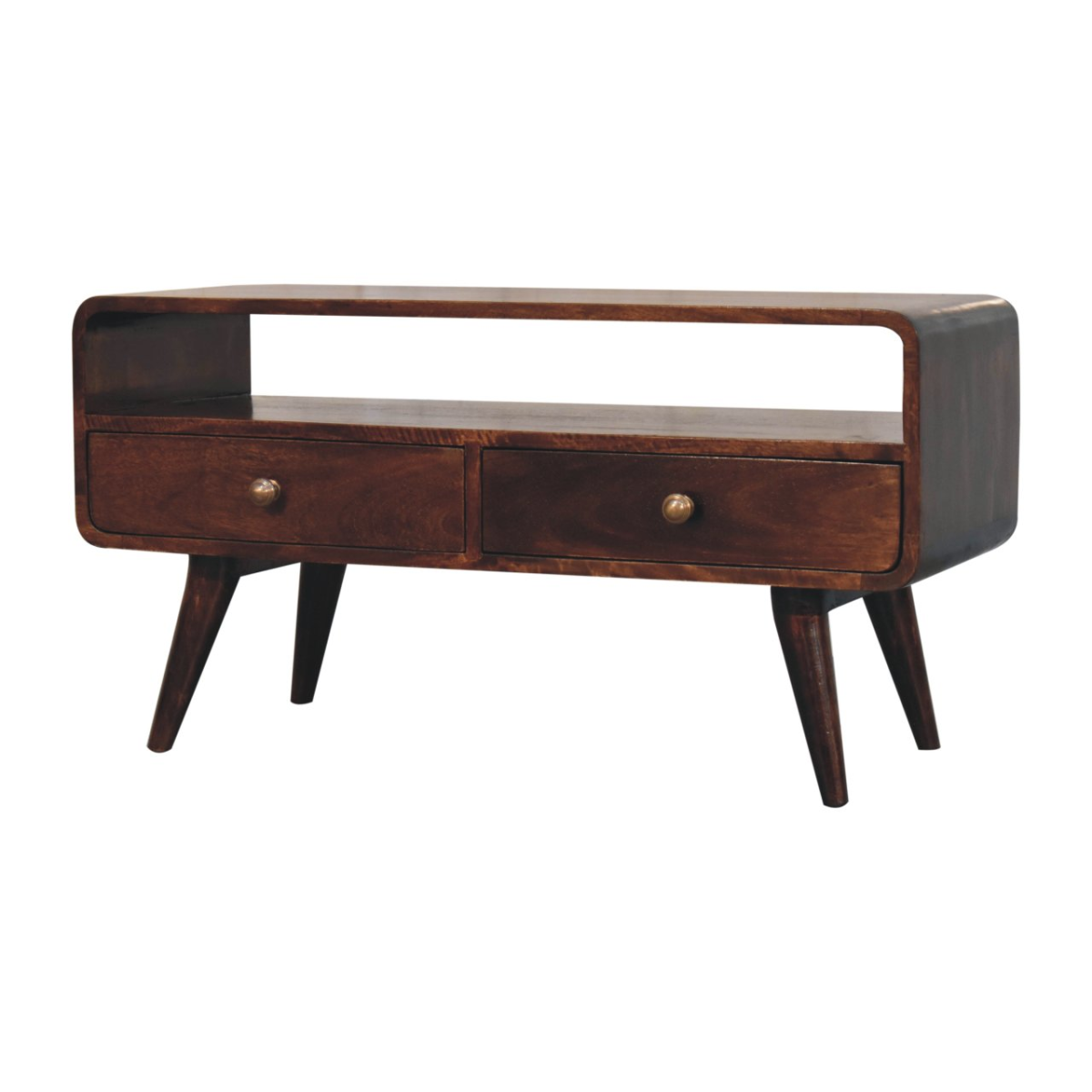 Artisan Furniture Curved Mango Wood Media Unit with 2 Drawers & Open Slot – California Walnut, Dark Brown