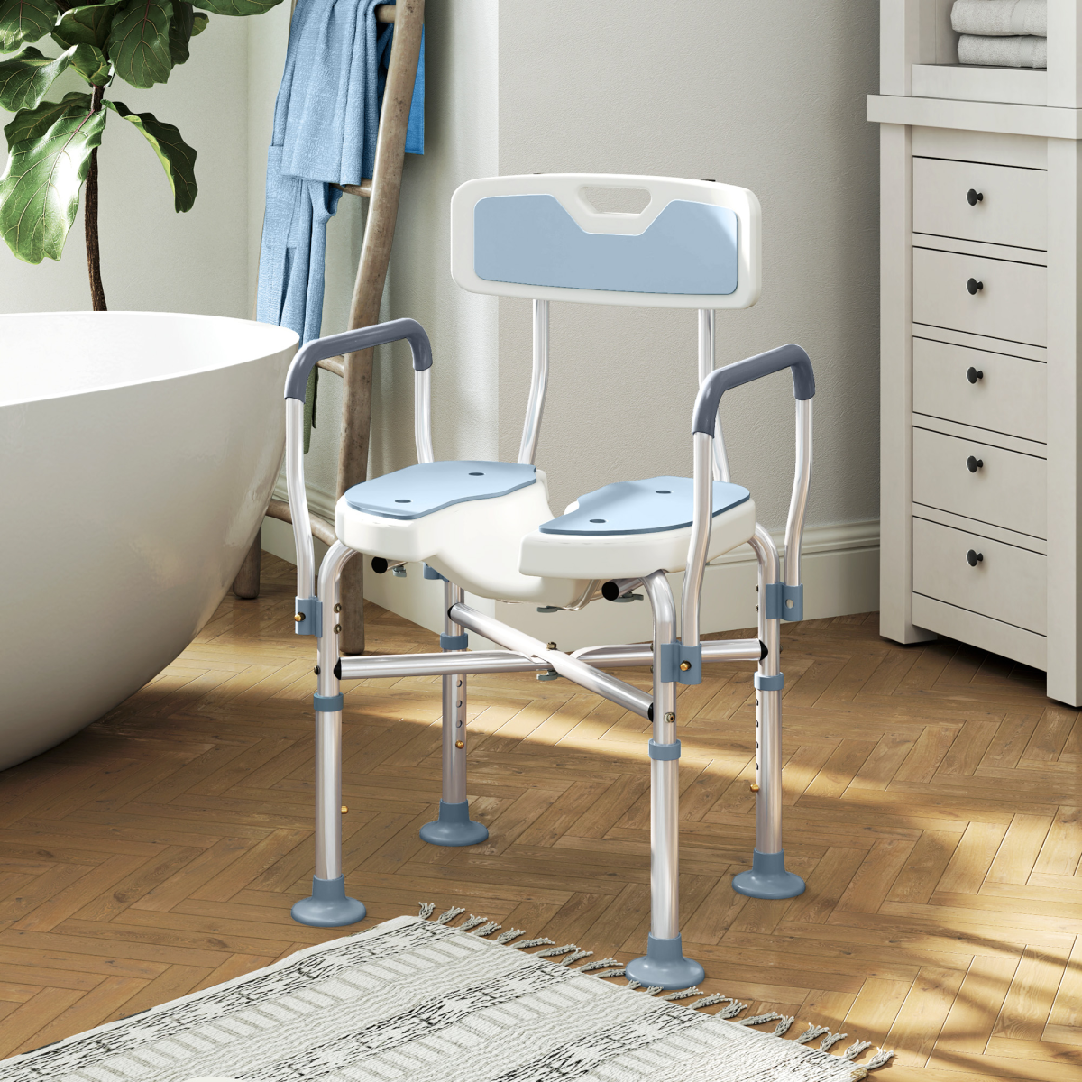 HOMCOM Padded Bath Chair with Slotted Seat and Adjustable Height – Aluminium Shower Seat with Handles