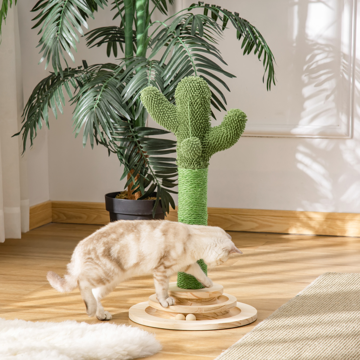 Pawhut Cactus Cat Tree with Sisal Scratching Post, Hanging Ball and Roller Platform – Compact Plush Activity Toy