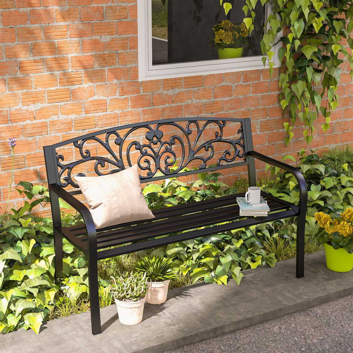 Outsunny 2-Seater Powder Coated Steel Garden Bench with Floral Backrest – Patio Seating, Black