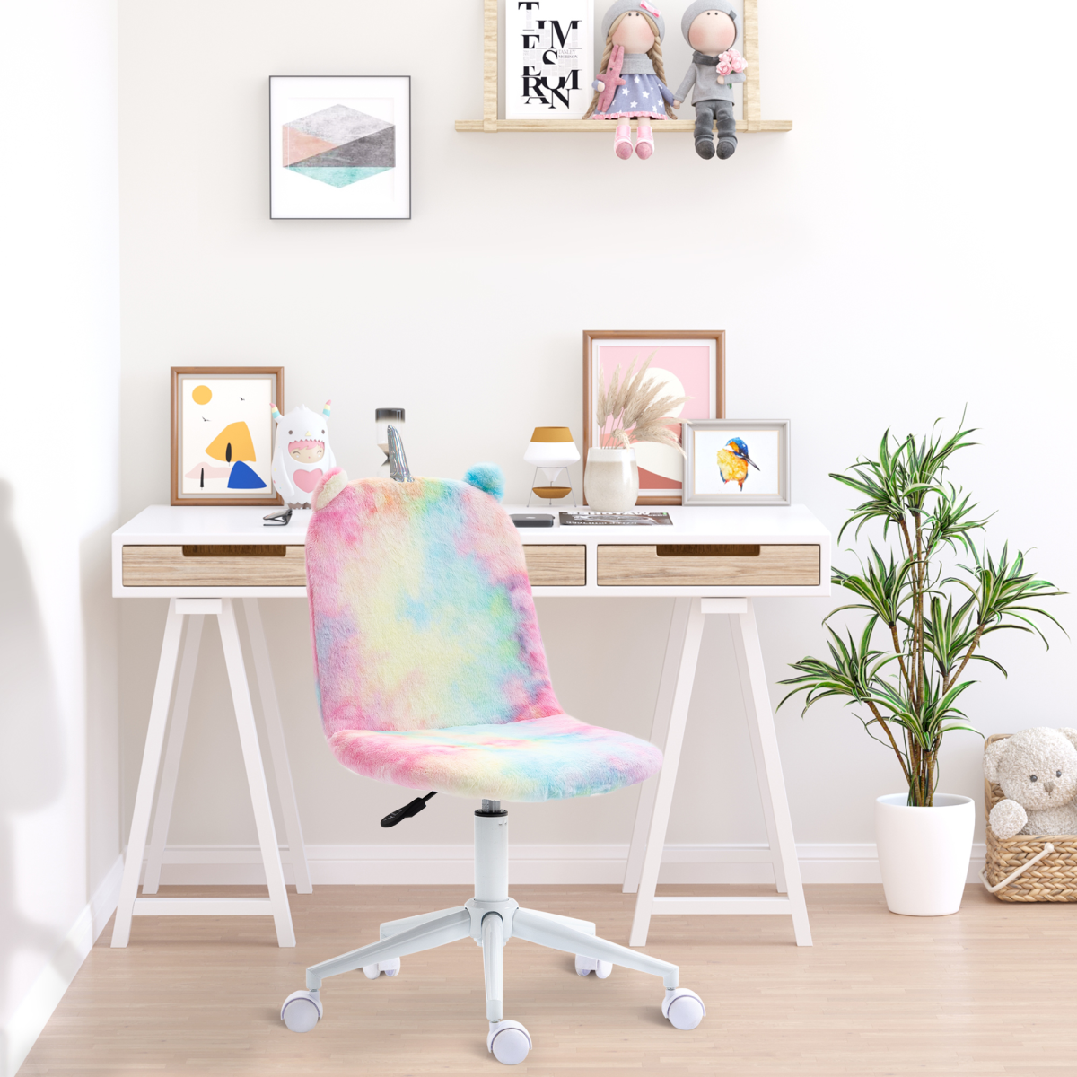 Vinsetto Fluffy Unicorn Office Chair with Ears & Silver Horn, Height Adjustable – Rainbow Kids & Teens Swivel Desk Chair