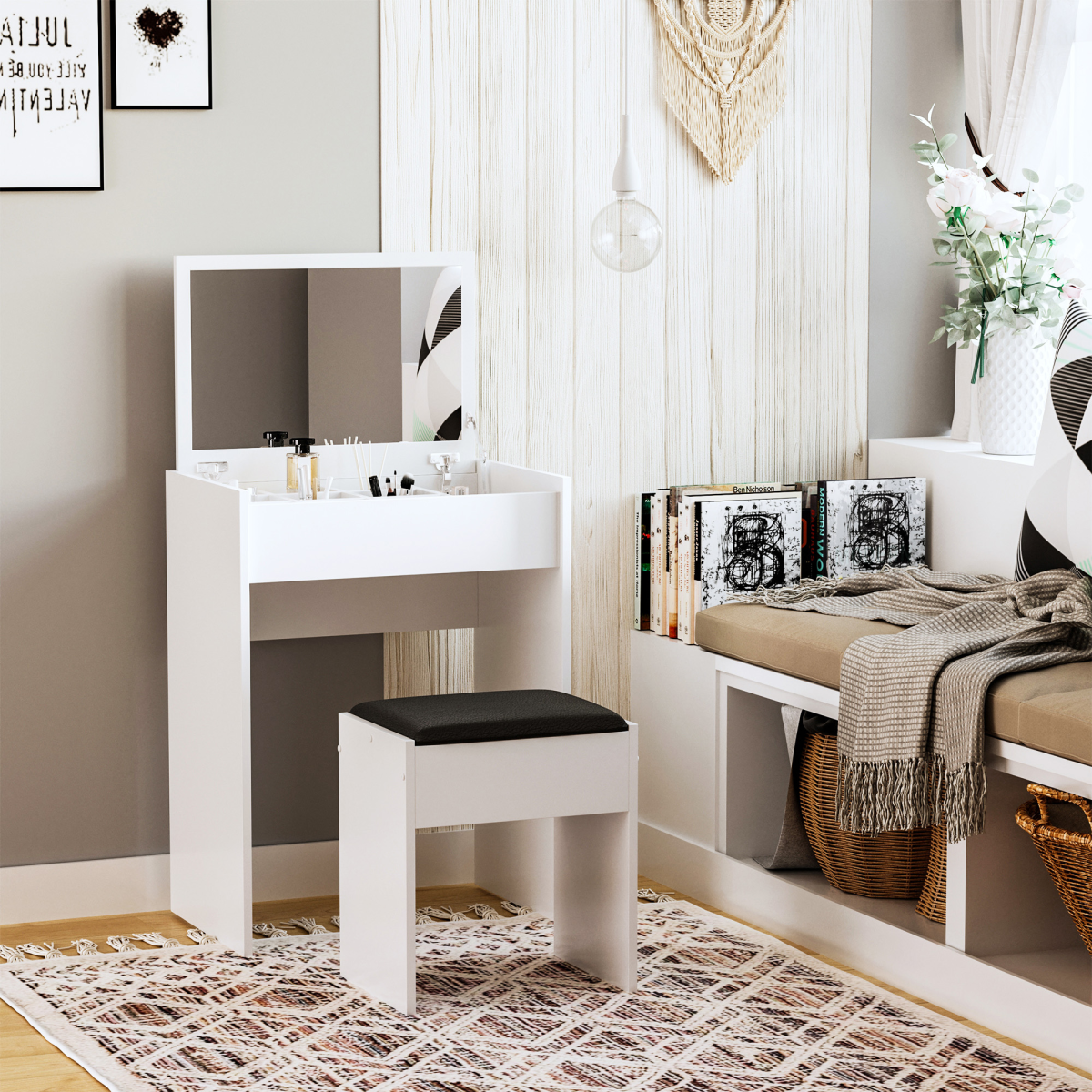 HOMCOM White Dressing Table Set with Flip-Up Mirror, Hidden Storage & Padded Stool