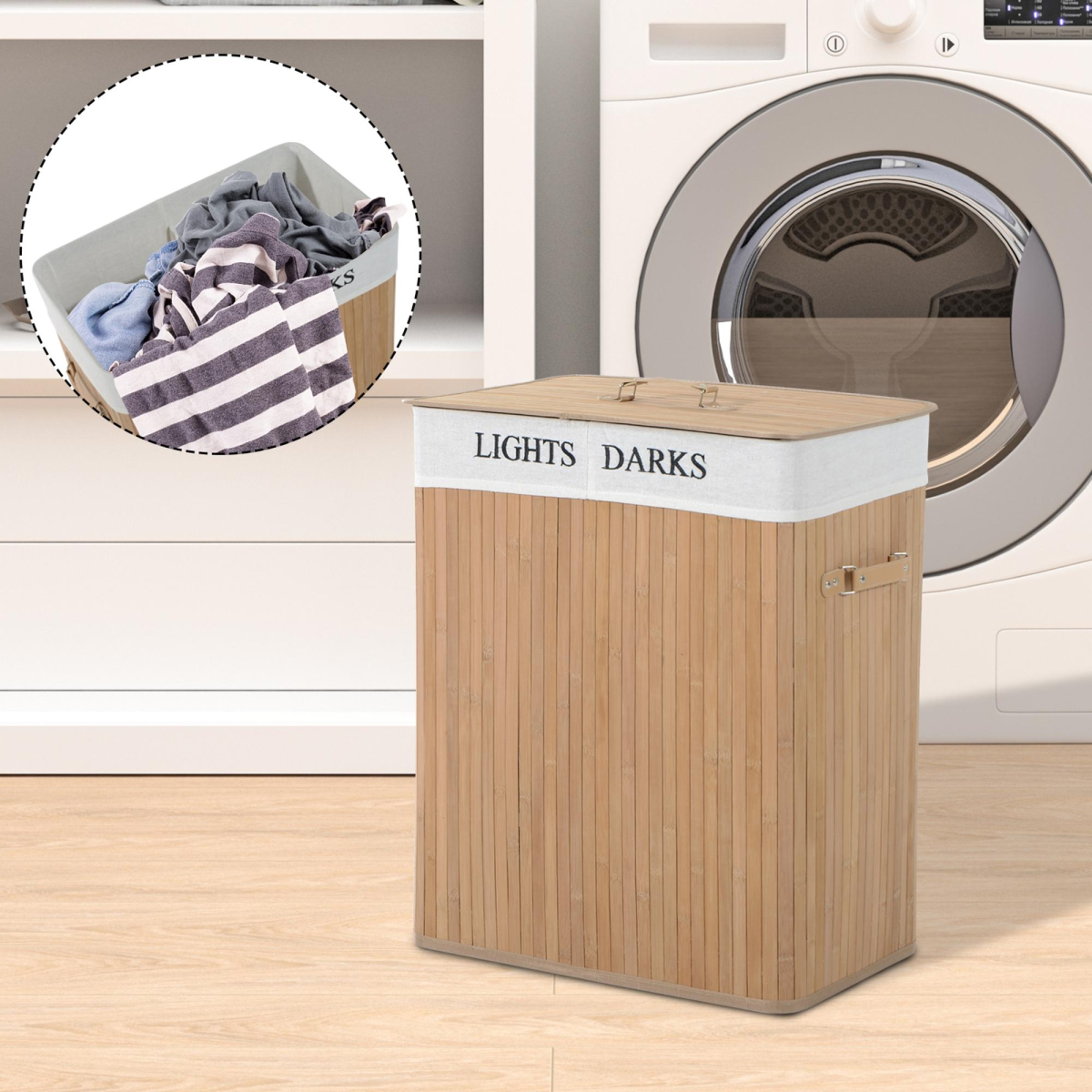 HOMCOM Collapsible Bamboo Laundry Basket with Lid & Removable Bag – Foldable Storage with PU Handles