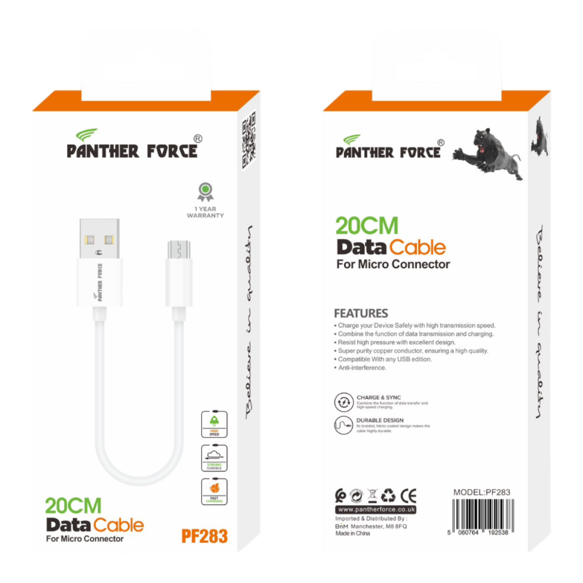 Panther Force 20cm Micro USB Data Cable – Short Charging and Sync Lead for Power Banks and Car Chargers