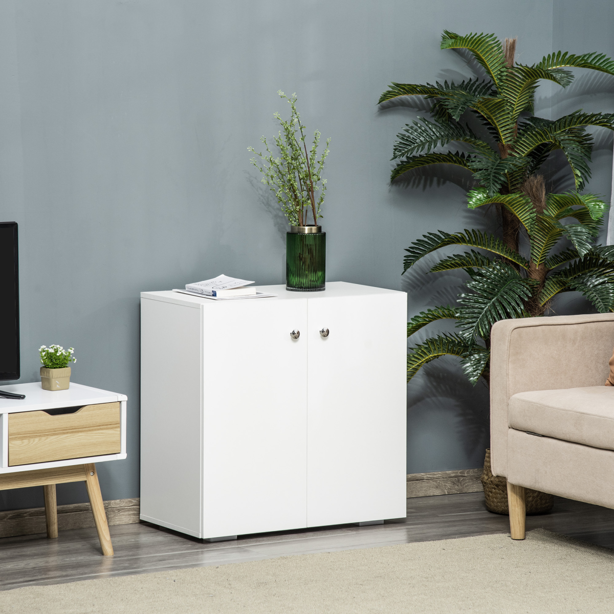 HOMCOM Freestanding Storage Cabinet with 2 Shelves – Wooden Sideboard for Bedroom or Office, White