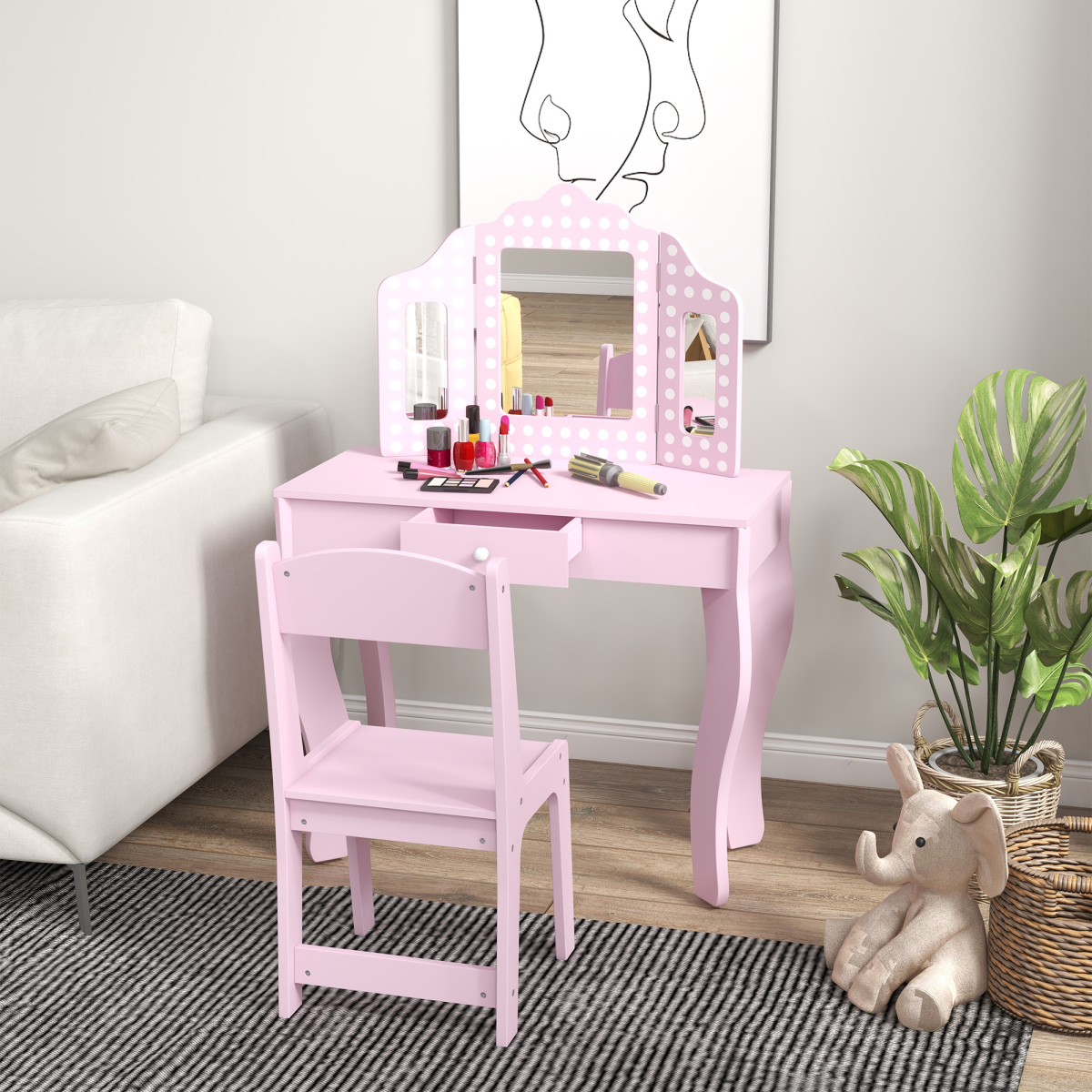 AIYAPLAY Kids Dressing Table Set with Tri-Fold Mirror, Stool and Drawer – Playroom Make Up Vanity, Pink