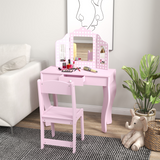 AIYAPLAY Kids Dressing Table Set with Tri-Fold Mirror, Stool and Drawer – Playroom Make Up Vanity, Pink