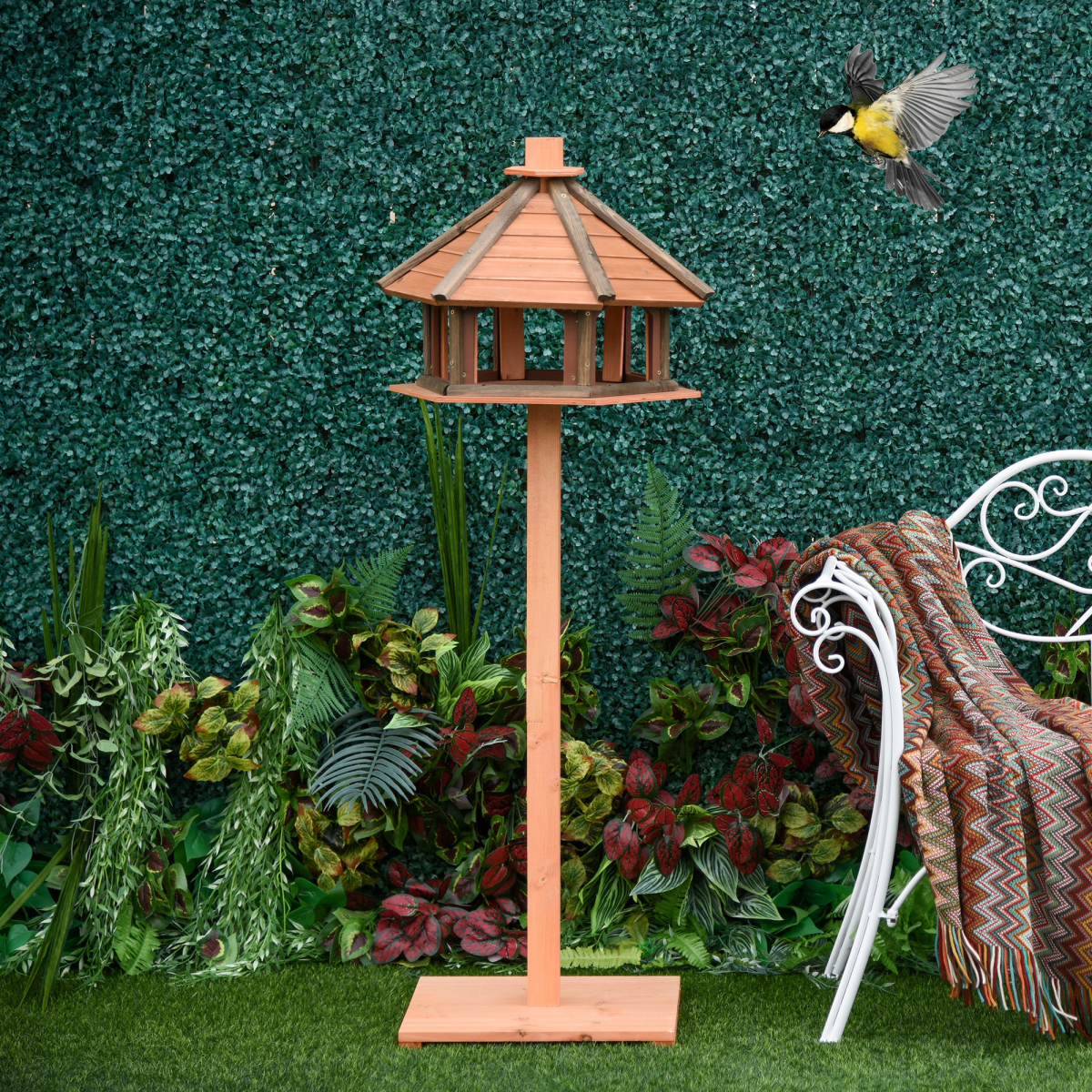 PawHut Wooden Bird Table with Roof, Fir Wood Feeding Platform – Garden Bird Feeder Stand, Brown, 130cm