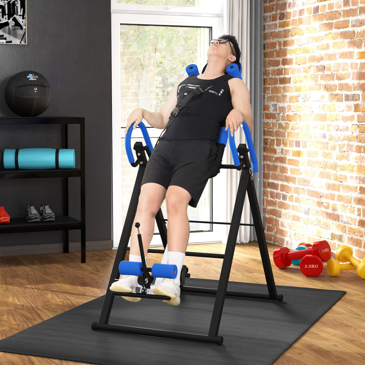 HOMCOM Adjustable Gravity Inversion Table with Safety Belt – Foldable Steel Frame Back Stretcher for Home, Blue