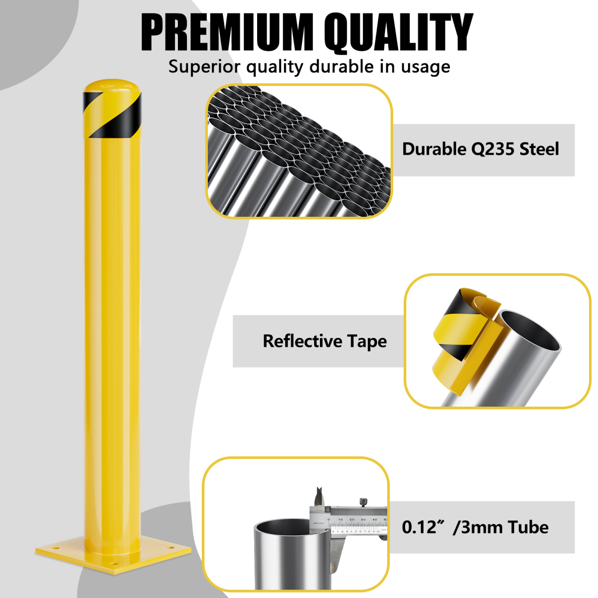Steel Parking Bollard Post, 42 in High, 4.5 in Diameter – Yellow Powder-Coated Safety Barrier for Car Parks