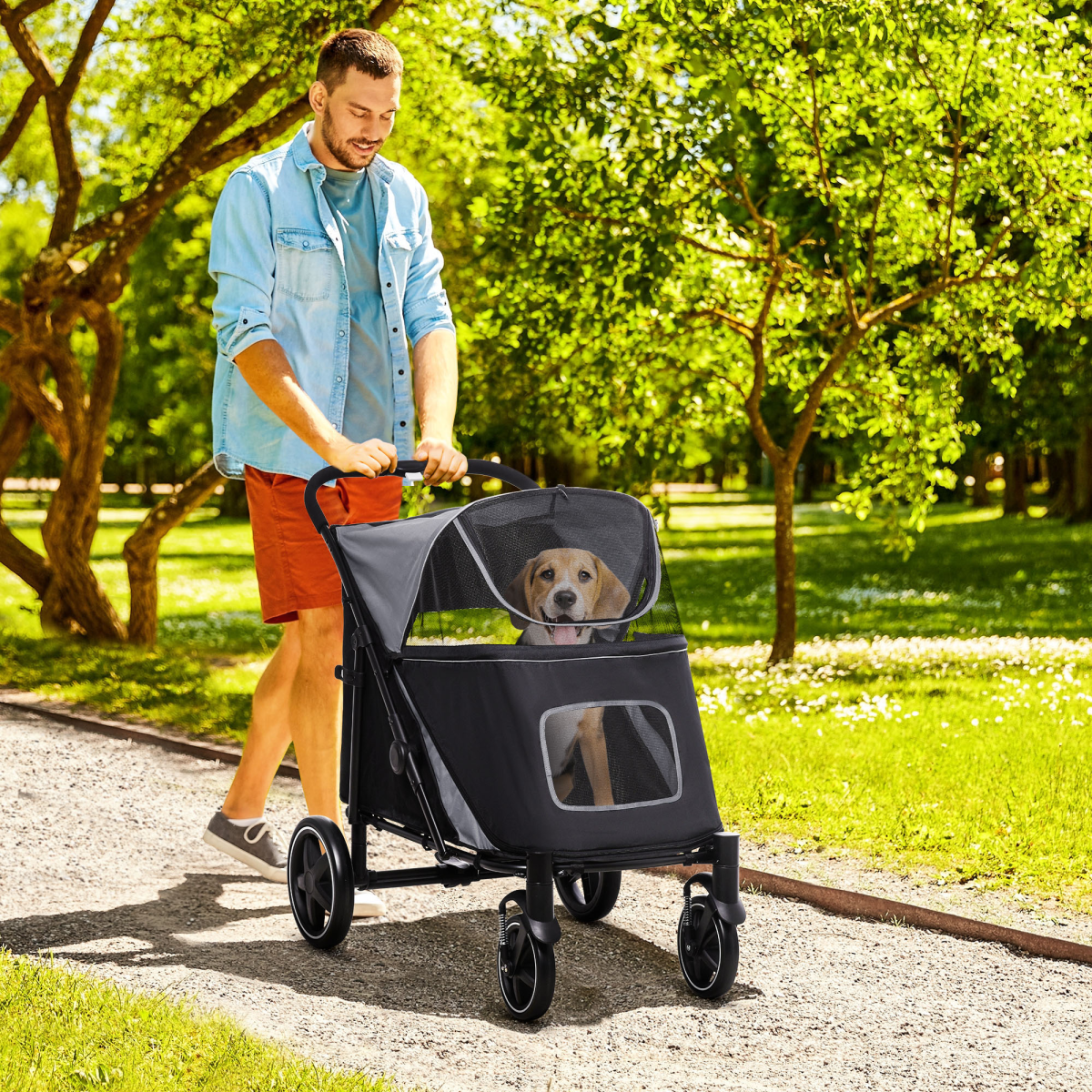 PawHut Foldable Dog Pram with Universal Wheels & Shock Absorber – Steel Frame for Medium and Large Dogs, Black