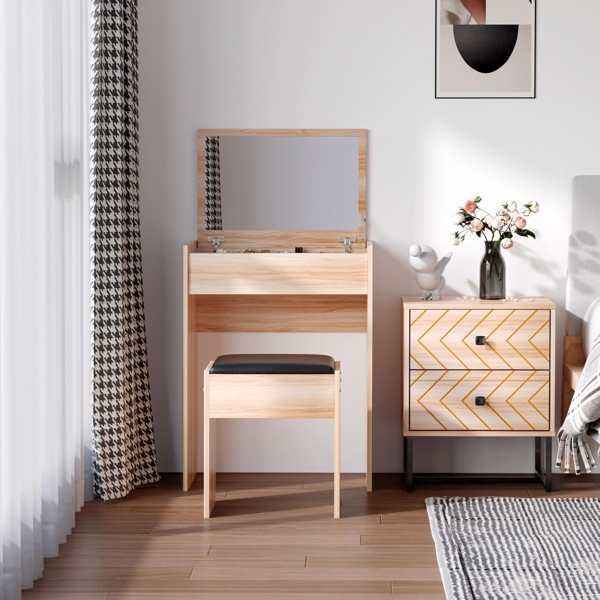 HOMCOM Dressing Table Set with Flip-Up Mirror and Padded Stool – Wood, Hidden Storage