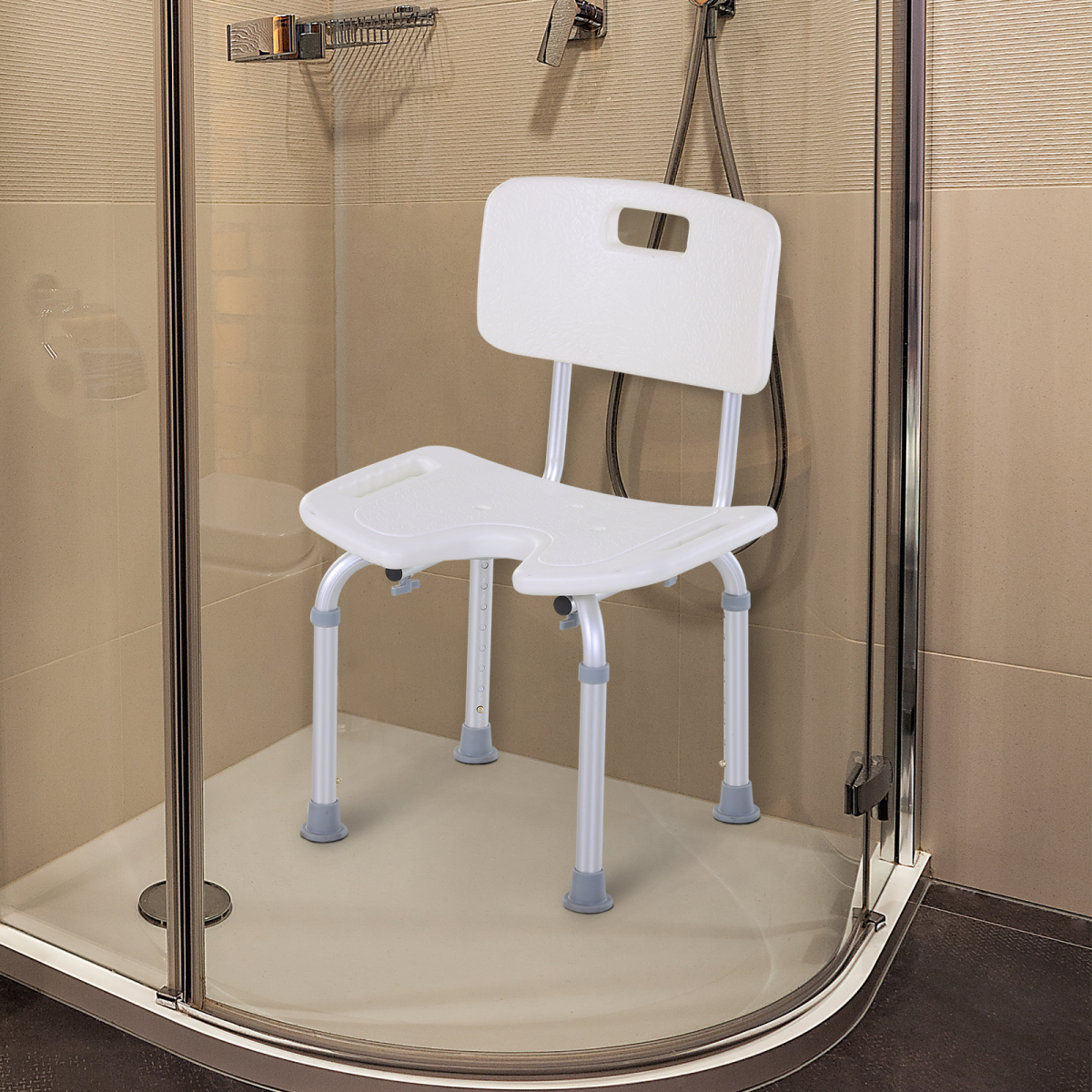 HOMCOM Adjustable Aluminium Shower Stool with U-Shaped Seat, Handle and Non-Slip Feet – Bath Chair, 136kg