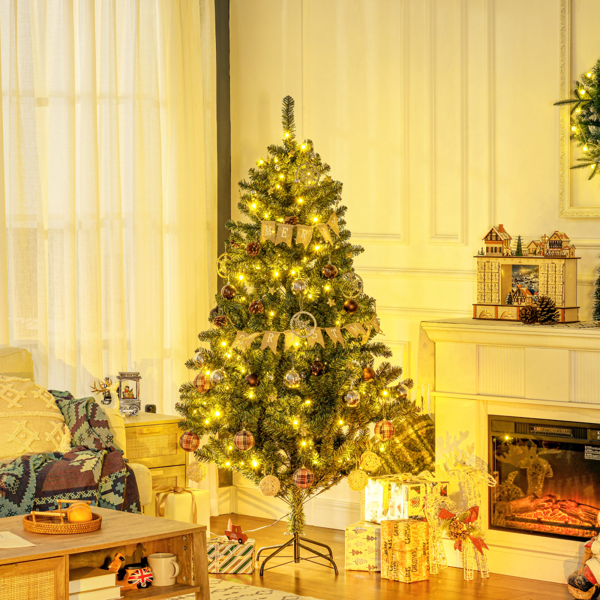 HOMCOM Artificial Christmas Tree with LED Lights, Baubles and Banner – Auto Open Branches, Steel Base