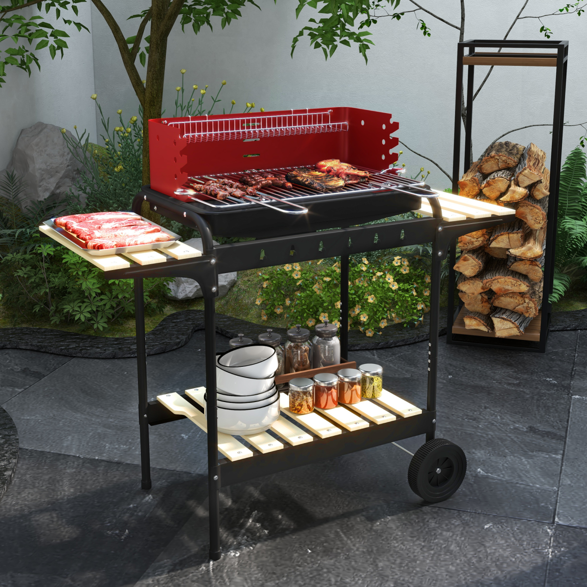 Outsunny Charcoal BBQ Grill Trolley with 5-Level Adjustable Height, Warming Rack, Ash Catcher & Wheels, Red/Black