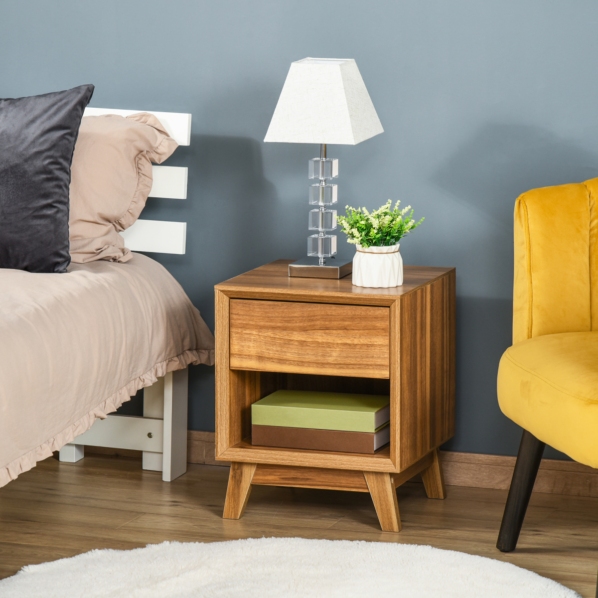HOMCOM Bedside Table with Drawer & Bottom Shelf – Wood-Effect MDF Storage Organiser for Bedroom