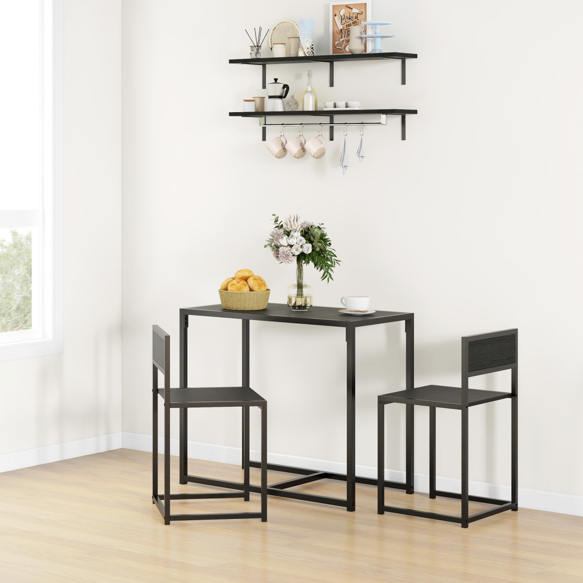 HOMCOM 3 Piece Metal Frame Dining Table & Stool Set – Compact Kitchen Dining for Two, Black