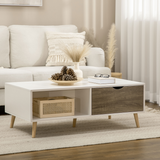 Modern White Coffee Table with Storage Shelves and 2 Sliding Drawers – Living Room Table with Wood-Effect Drawers