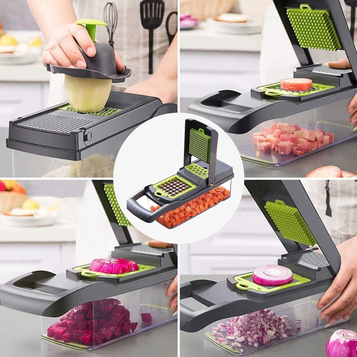 16-in-1 Vegetable Chopper with 1.5L Container, 8 Blades & Peeler – Salad, Fruit & Food Slicer Dicer, Grey