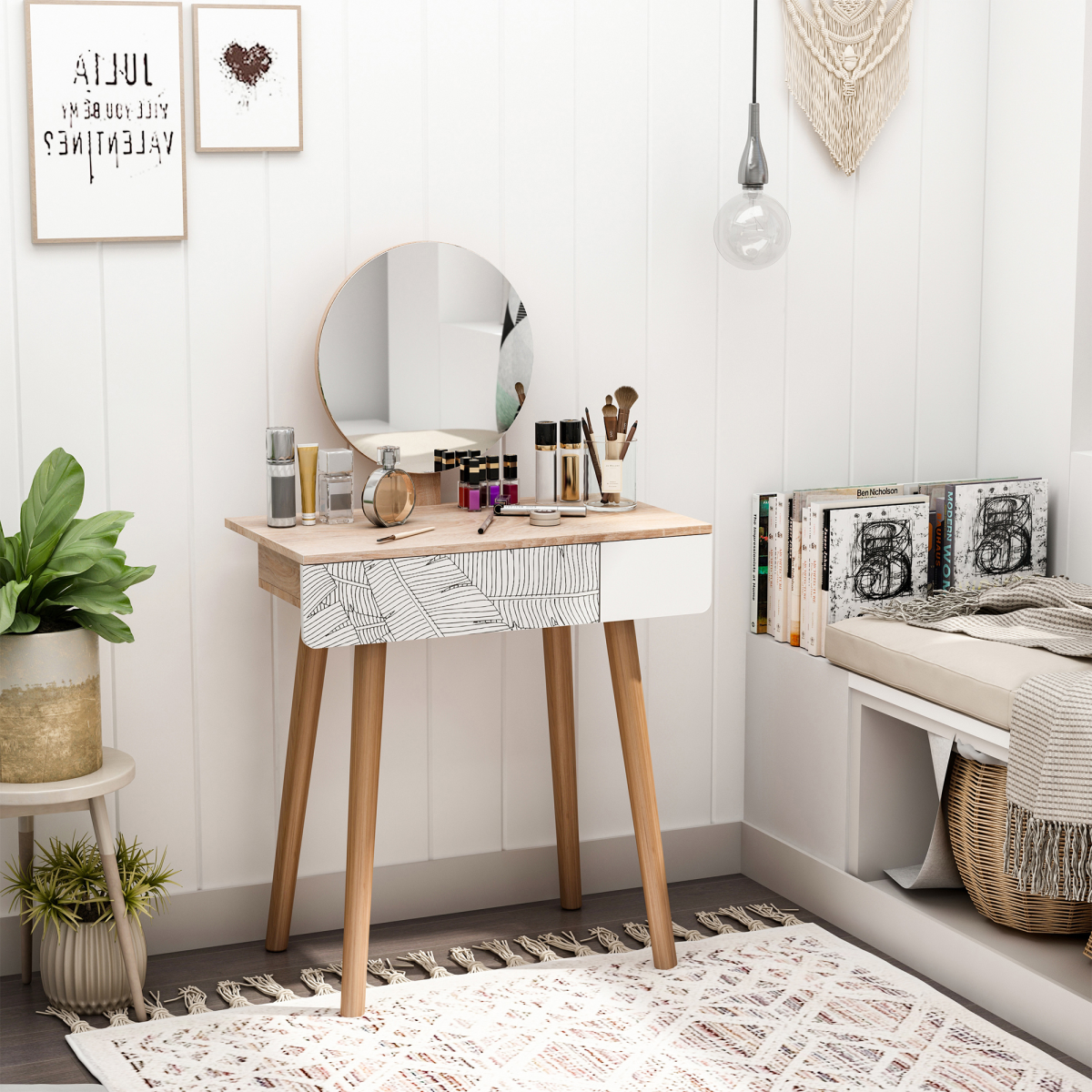 HOMCOM Nordic Dressing Table with Adjustable Round Mirror and Large Drawer – Solid Wood Vanity, Brown/White