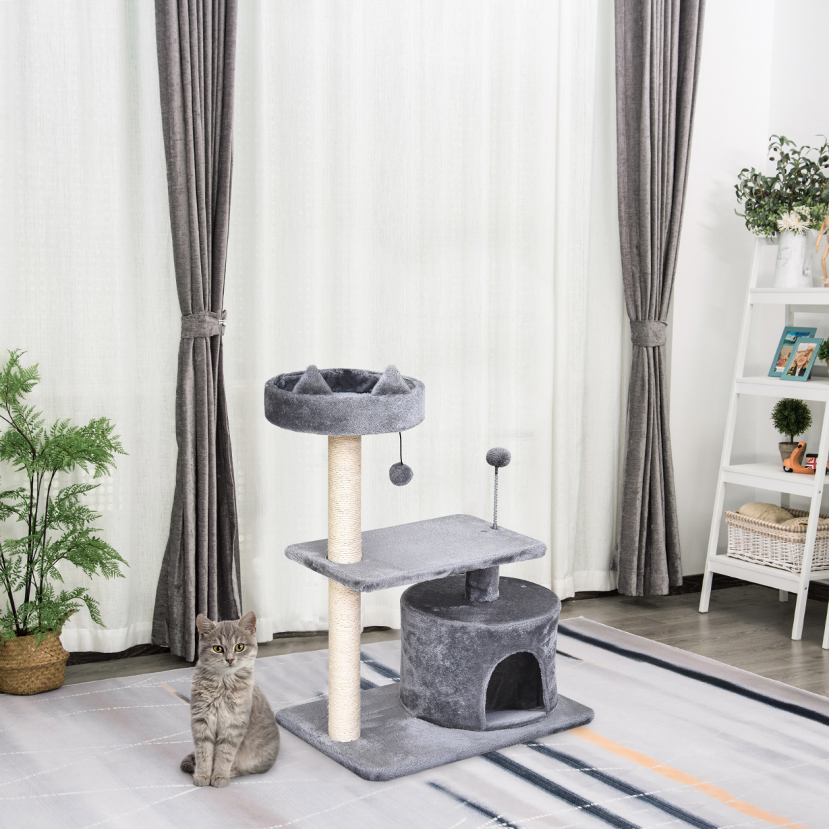 PawHut 81cm Cat Tree with Scratching Posts, Hide-Away Hut and Play Balls – Kitten Activity Tower