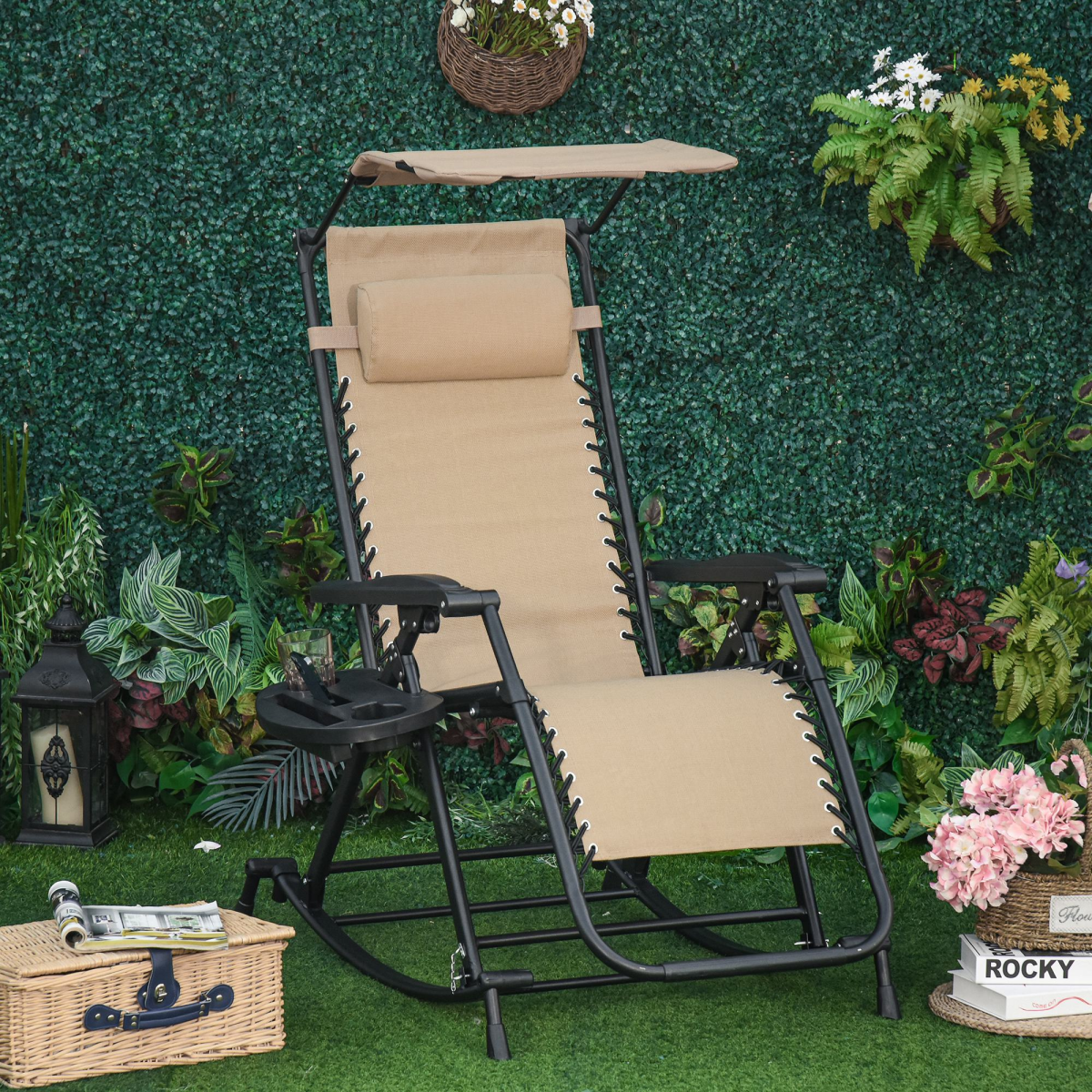 Folding Zero-Gravity Recliner Rocker with Canopy, Padded Headrest and Side Tray – Outdoor Lounge Chair