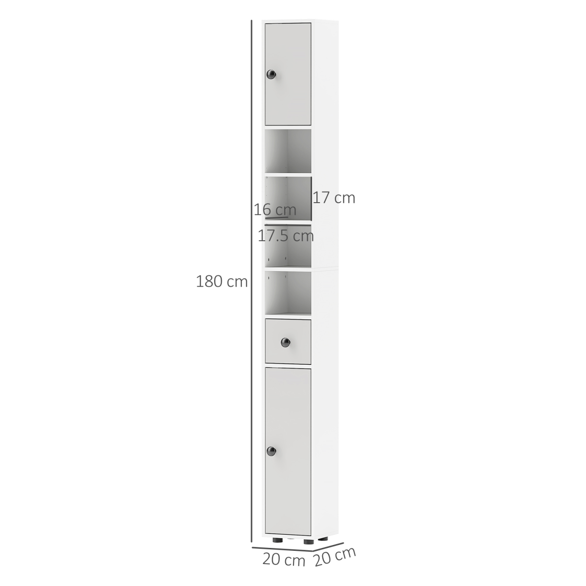 Tall Slim Bathroom Cabinet with 2 Cupboards, Drawer & 4 Open Shelves – Narrow Storage Unit, Light Grey