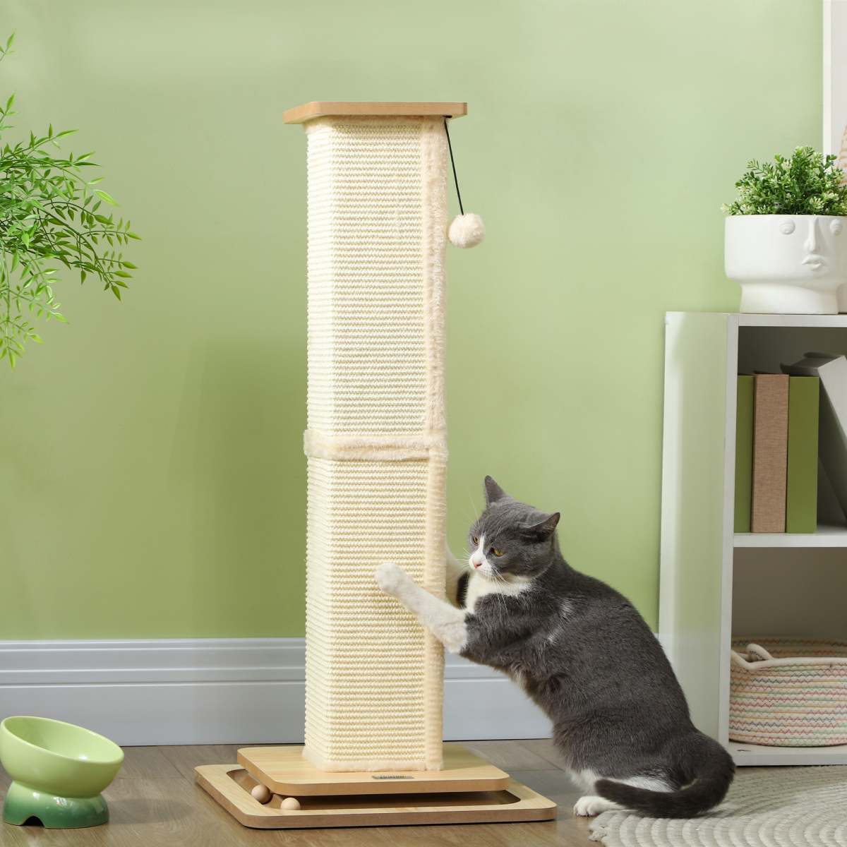 PawHut 87cm Cat Scratching Post 3-in-1 with Sisal Cover, Turntable Rail & Track Ball Toy – Oak
