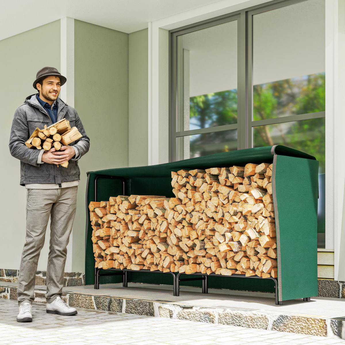 Outsunny Metal Firewood Rack with PE Cover, 0.6m³ Capacity – Outdoor Log Store, Dark Green