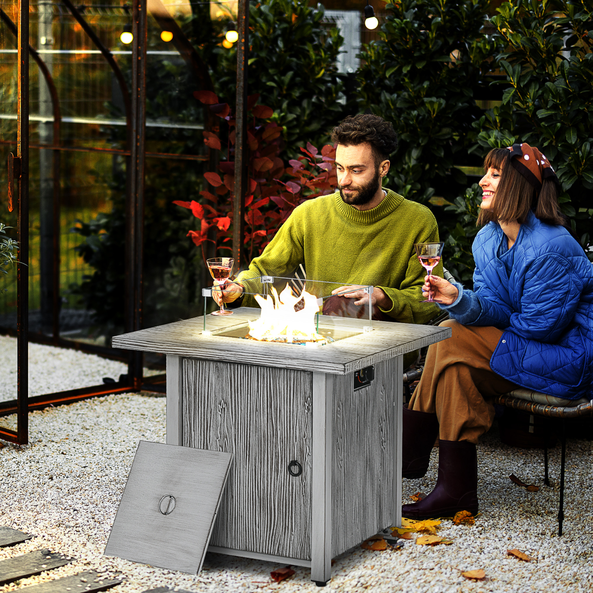 Outsunny 40,000 BTU Propane Gas Fire Pit Table with Glass Screen & Waterproof Cover – Garden Patio Heater, Grey