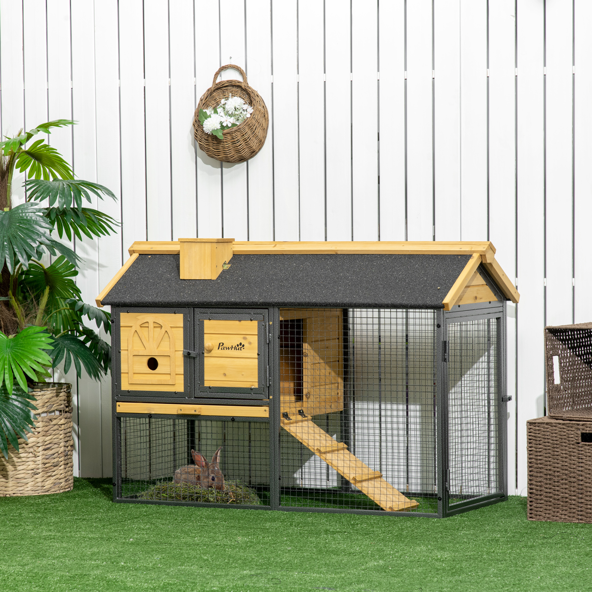 PawHut Two-Tier Outdoor Rabbit Hutch with Run, Removable Tray & Asphalt Roof – Wood and Steel Bunny Cage