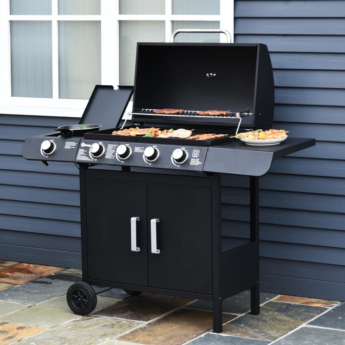 Outsunny 4+1 Burner Gas BBQ Grill with Side Burner, Thermometer & Storage Cupboard – Wheeled Steel Barbecue, Black