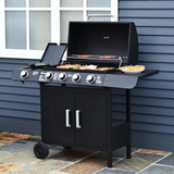 Outsunny 4+1 Burner Gas BBQ Grill with Side Burner, Thermometer & Storage Cupboard – Wheeled Steel Barbecue, Black